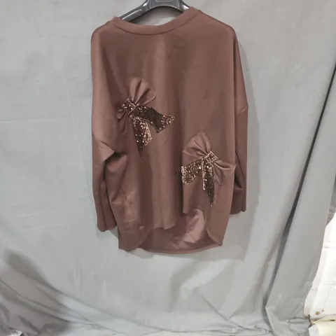 GLAMDOLL FASHION BROWN BOW-EMBELLISHED KNIT TOP, WOMEN'S 