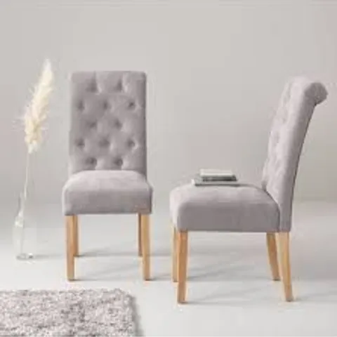 BOXED SET OF 2 FABRIC SCROLL BACK DINING CHAIRS - GREY/OAK EFFECT [COLLECTION ONLY]