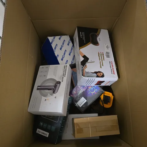 BOX OF APPROXIMATLEY 20 ASSORTED PRODUCTS INCLUDING CAR&HOME MASSAGE PILLOW, LED STRIP LIGHTS AND RECHARGEABLE WIRELESS HAIR DRYER