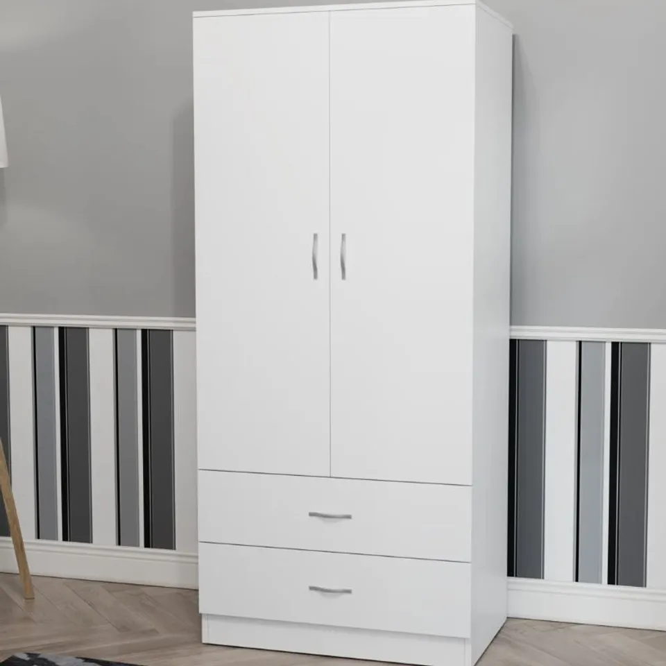 BOXED MAYBERY 2 DOOR 2 DRAWER WARDROBE, WITH SHELF & HANGING RAIL BEDROOM STORAGE - WHITE (2 BOXES)