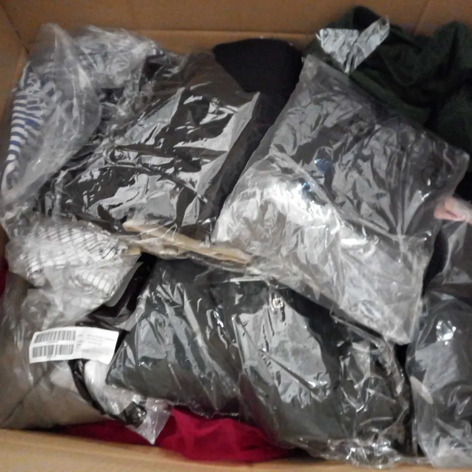  BOX OF ASSORTED CLOTHING ITEMS TOO INCLUDE DRESSES , SHIRTS AND TROUSERS IN VARIOUS SIZES AND COLOURS   