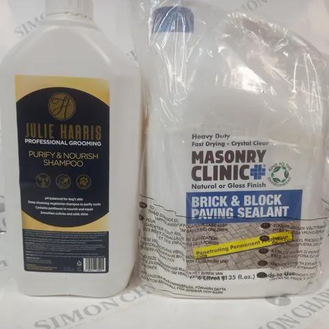 2 ASSORTED LIQUID ITEMS TO INCLUDE MASONRY CLINIC BRICK & BLOCK PAVING SEALANT, AND JUILIE HARRIS PURIFY & NOURISH SHAMPOO