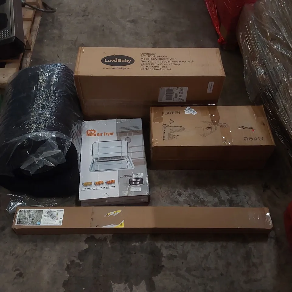 PALLET OF ASSORTED ITEMS INCLUDING: LUVDBABY BABY HIKING BACKPACK, PLAYPEN, OVEN AIR FRYER, LIGHT ECT