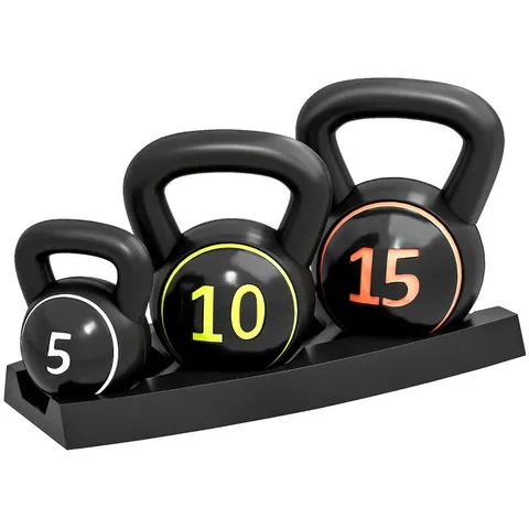 BOXED SPORTNOW THREE-PIECE KETTLEBELL SET, 5LBS, 10LBS, 15LBS WITH STORAGE TRAY (1 BOX)