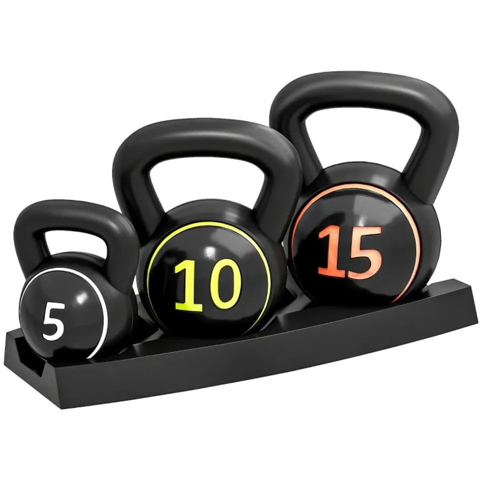 BOXED SPORTNOW THREE-PIECE KETTLEBELL SET, 5LBS, 10LBS, 15LBS WITH STORAGE TRAY (1 BOX)