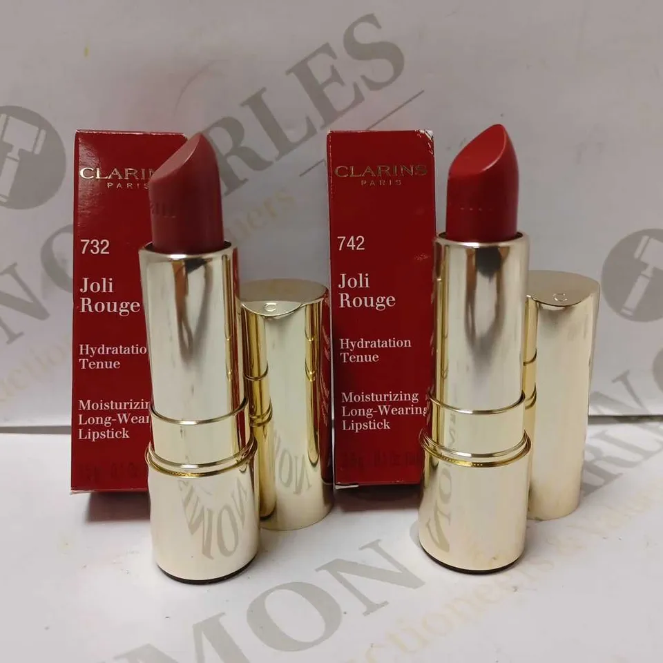 LOT OF 3 ASSORTED CLARINS JOLI ROUGE MOISTURIZING LIPSTICKS - #732 GRENADINE & 2 X #742 JOLI ROUGE 
