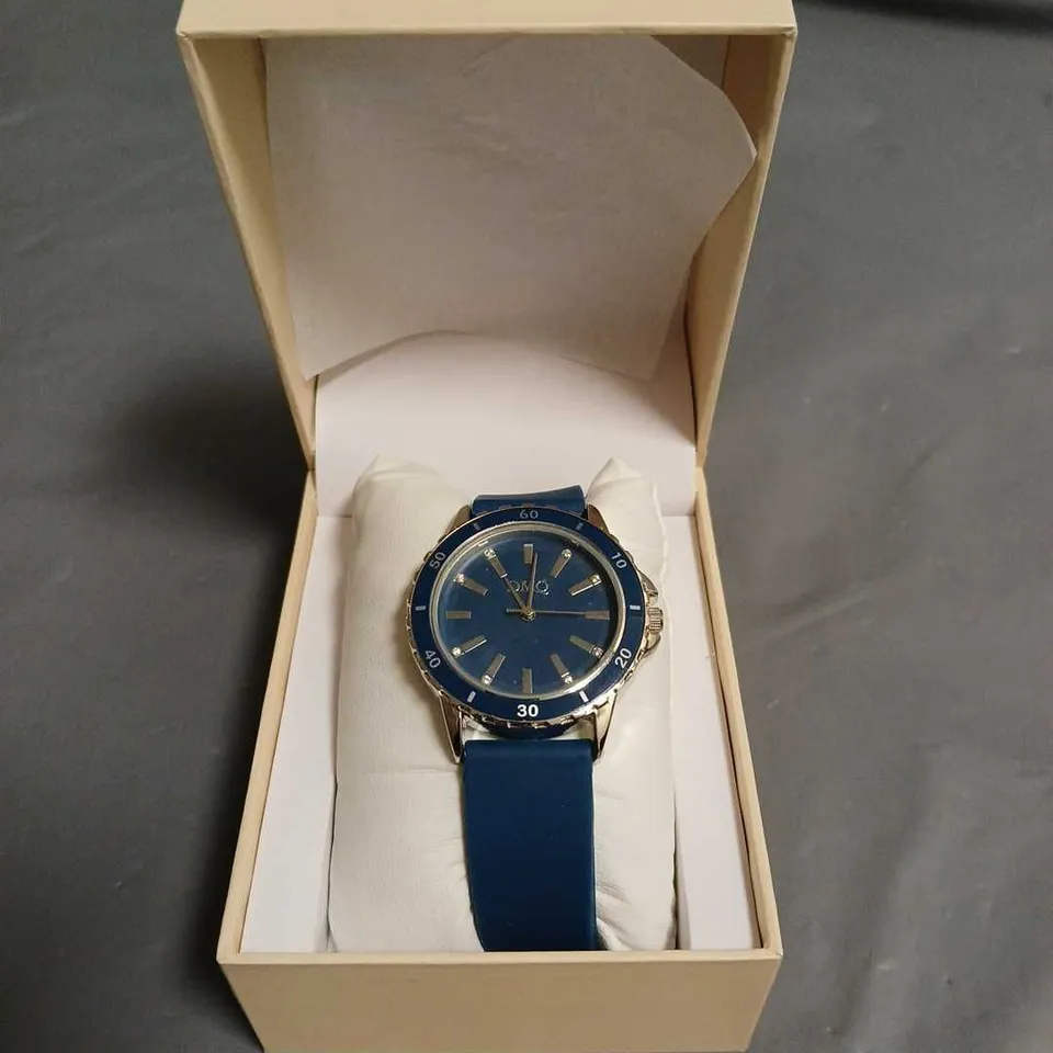 BOXED DIAMONIQUE BLUE FACED WATCH WITH RUBBER STRAP