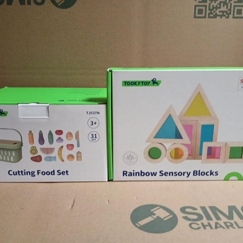 LOT OF 2 TOOKYTOY ITEMS INCLUDES RAINBOW SENSORY BLOCKS & CUTTING FOOD SET 