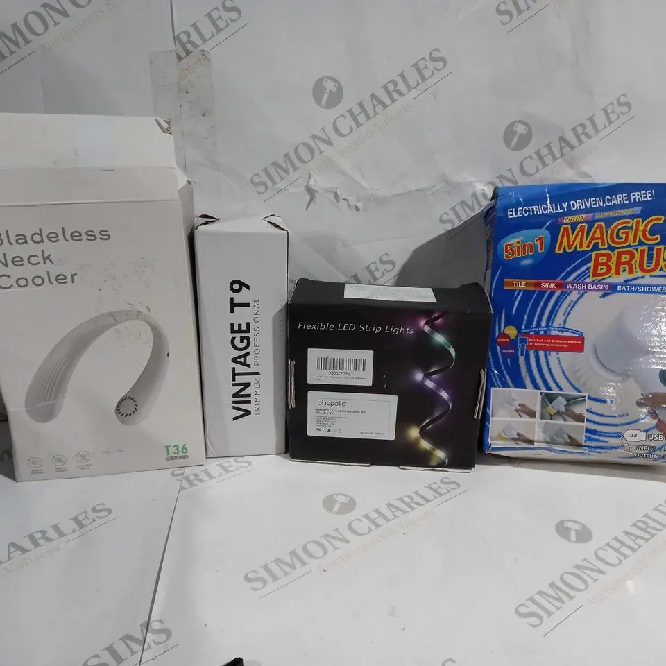 APPROXIMATELY 20 ASSORTED ITEMS TO INCLUDE BLADELESS NECK COOLER, VINTAGE T9 TRIMMER, FLEXIBLE LED STRIP LIGHTS, MAGIC BRUSH ETC.