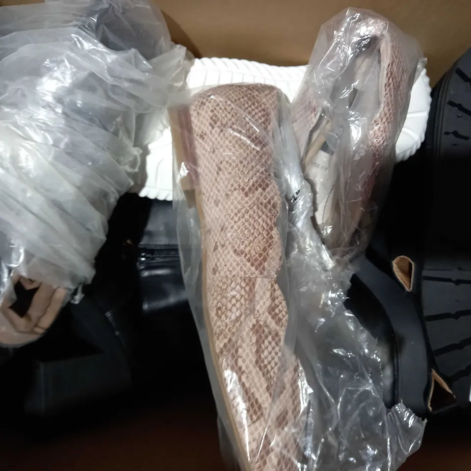 BOX OF APPROXIMATELY 8 ASSORTED PAIRS OF SHOES AND FOOTWEAR IN VARIOUS STYLES AND SIZES TO INCLUDE RYDALE, MISSPAP, NEW LOOK, ETC