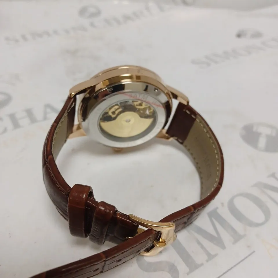 MENS VONLANTHEN AUTOMATIC WATCH – SILVER AND RED TEXTURED DIAL – ROSE GOLD COLOUR CASE - GLASS EXHIBITION BACKCASE – BROWN LEATHER STRAP