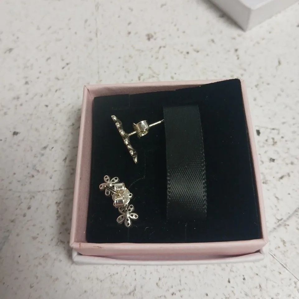 PANDORA SILVER FLOWER EARRINGS WITH CRYSTALS – PINK PRESENTATION BOX