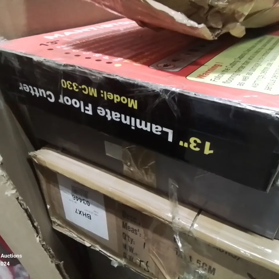 PALLET CONTAINING VARIOUS ASSORTED ITEMS TO INCLUDE: LAMINATE FLOOR CUTTER, KIDS FLAT STROLLER WAGON, GAZEBO AND LOTS MORE UNMARKED BOXED ITEMS 