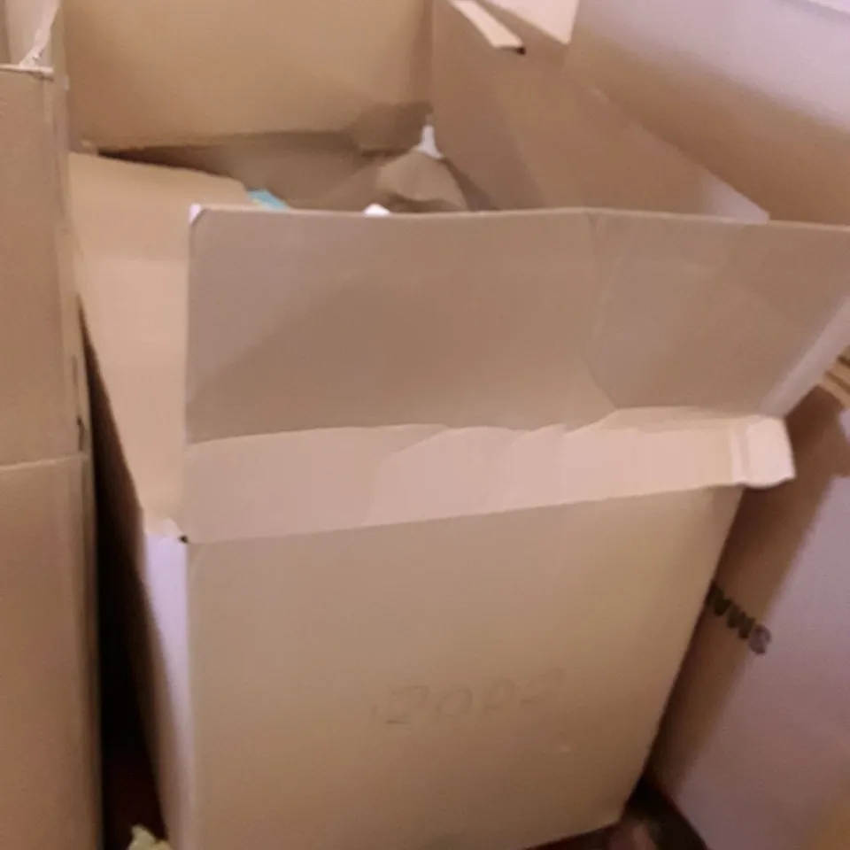 BOX OF ASSORTED ELECTRONIC PRODUCTS INCLUDING UNIVERSAL REMOTE, STEREO SPEAKERS, HEADPHONES, WIRELESS CHARGING STAND