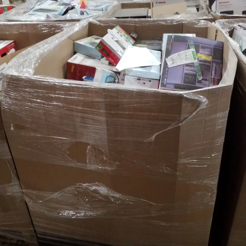 PALLET CONTAINING ASSORTED ELECTRICAL PRODUCTS INCLUDING HP ENVY6120E PRINTER, BLUETOOTH CD BOOMBOX, AERIAL, 2.1 PARTY SPEAKER SYSTEM, LIGHTING CABLE, WIRELESS MOUSE & WIRELESS HEADPHONES 