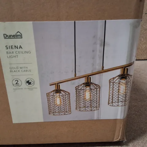 BOXED DUNELM SIENA BAR CEILING LIGHT – GOLD WITH BLACK CABLE,
