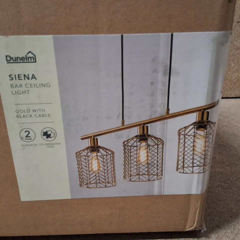 BOXED DUNELM SIENA BAR CEILING LIGHT – GOLD WITH BLACK CABLE,