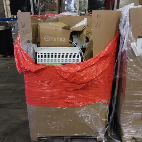 PALLET TO CONTAIN ASSORTED HOUSEHOLD ITEMS AND CONSUMER PRODUCTS. INCLUDING HEATER, HEATED UNDER BLANKET, BOXED FURNITURE ETC