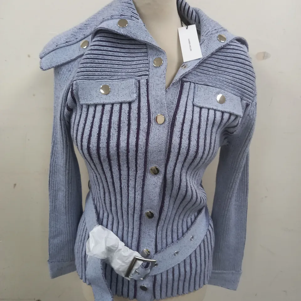 KAREN MILLEN BELTED UTILITY CHAMBRAY RIB KNITTED CARDIGAN IN BLUE - M