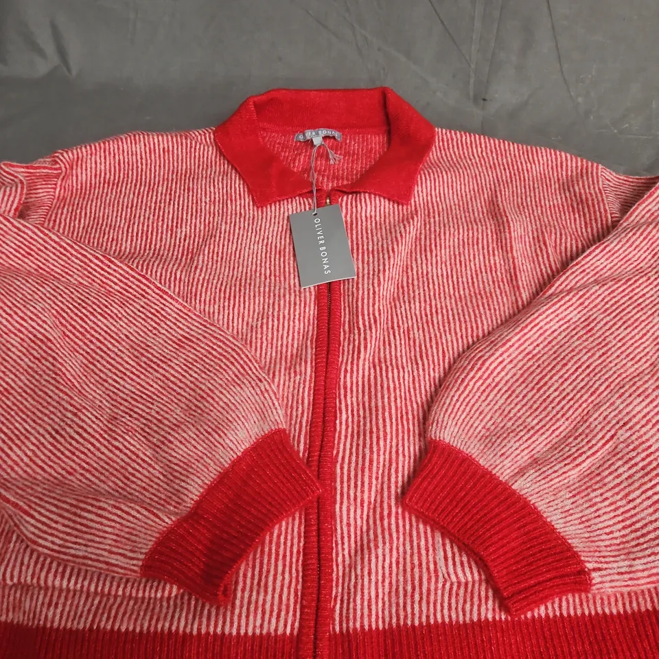 OLIVER BONAS RED TWO-TONE PLAITED BOMBER JACKET, UK 12