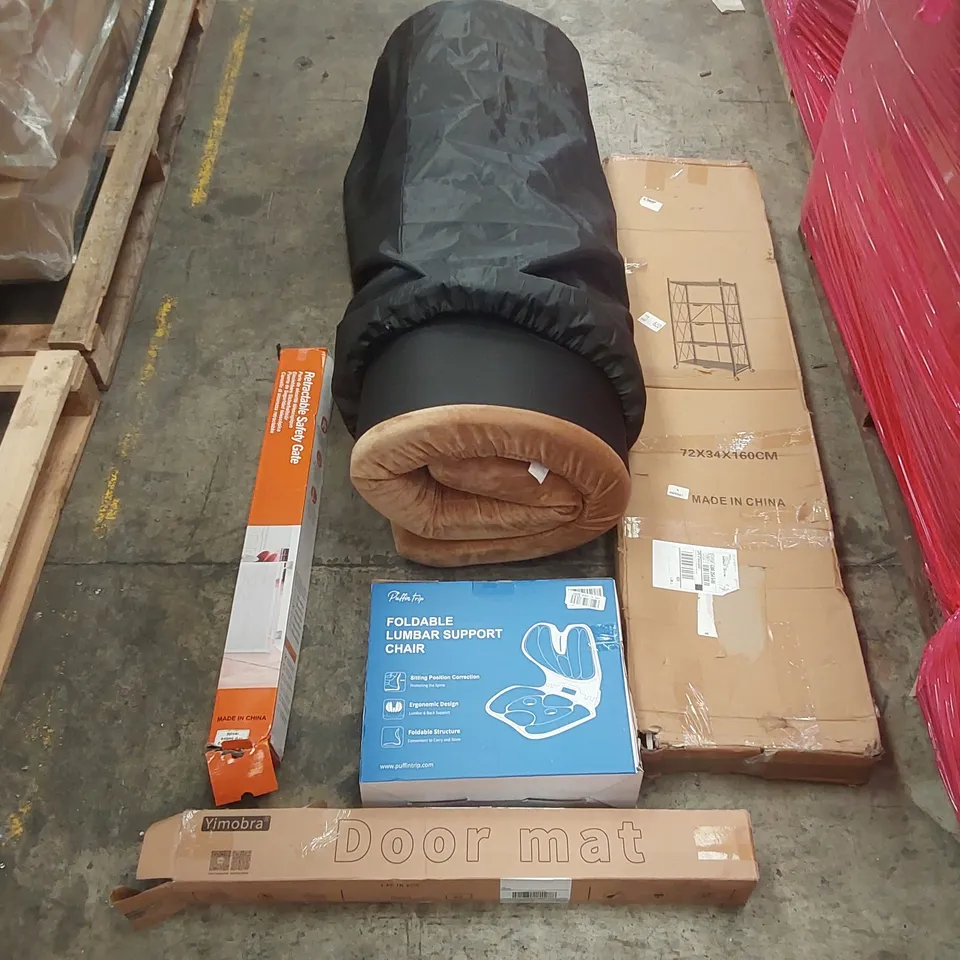 PALLET OF ASSORTED ITEMS INCLUDING: ROLLING SHELVES, MATTRESS, RETRACTABLE SAFETY GATE, FOLDABLE LUMBAR SUPPORT CHAIR, DOOR MAT ECT