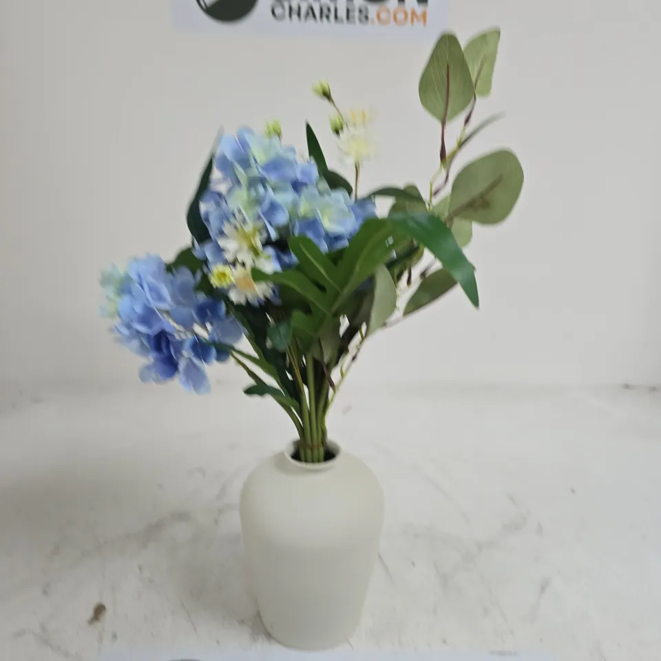 ARTIFICIAL BLUE HYDRANGEA FLORAL ARRANGEMENT IN WHITE CERAMIC VASE