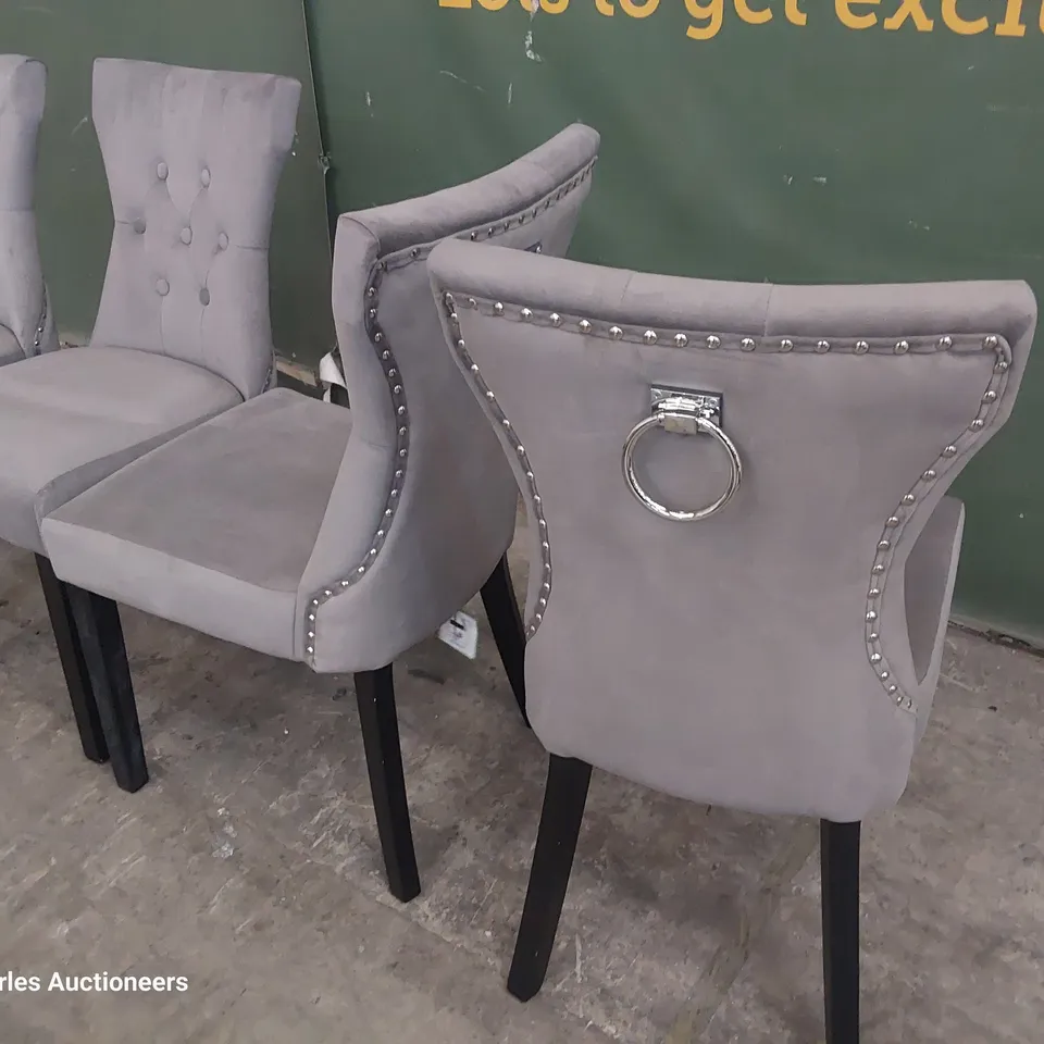 SET OF FOUR BUTTONED RING BACK UPHOLSTERED DINING CHAIRS GREY PLUSH FABRIC ON BLACK LEGS 