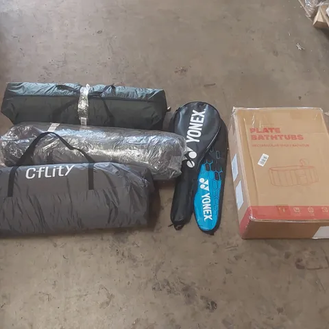 PALLET OF ASSORTED ITEMS INCLUDING: TENTS, BADMINTON RACKETS, PLATE BATHTUBS ECT