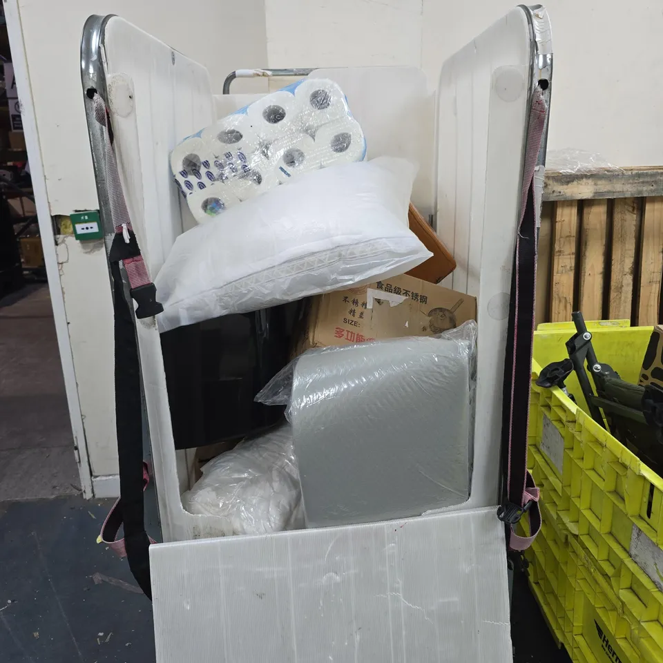 CAGE OF APPROXIMATELY 10 ASSORTED ITEMS TO INCLUDE PILLOW, MEGA PACK TOILET ROLLS ETC