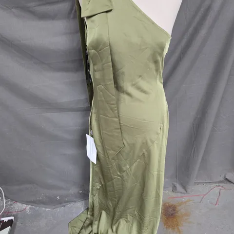CLUB LONDON ONE SHOULDER BOW DETAIL SATIN MAXI DRESS IN GREEN SIZE 14