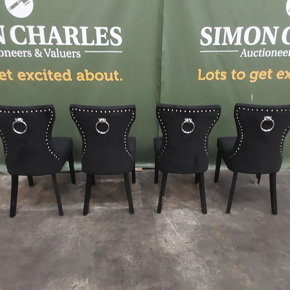 SET OF 4 KENSINGTON BLACK VELVET BUTTON BACK DINING CHAIRS - BLACK LEGS 