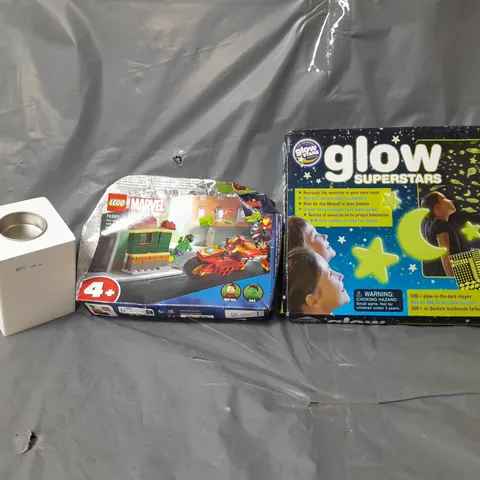 BOX OF APPROXIMATELY 5 ASSORTED ITEMS TO INCLUDE -GLOW SUPERSTARS , LEGO MARVEL IRON MAN BIKE , WOODEN CANDLE HOLDER ETC