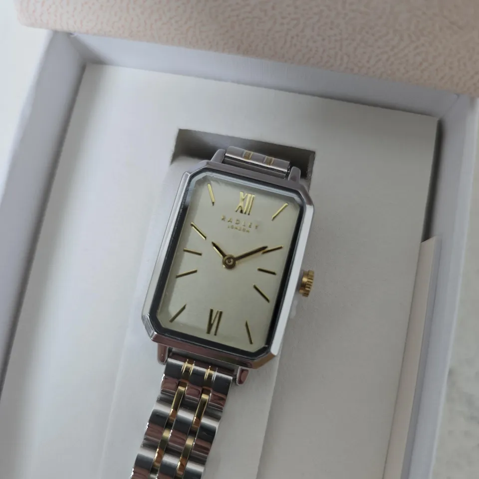 BOXED RADLEY TWO TONE GOLD PLATED STAINLESS STEEL BRACELET WATCH