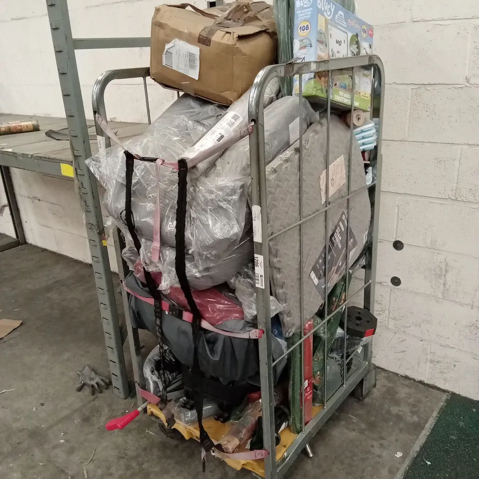 CAGE OF ASSORTED HOUSEHOLD GOODS AND PRODUCTS TO INCLUDE; WRAPPING PAPER, WALLPAPER, FOAM EXERCISE MAT ETC - CAGE NOT INCLUDED 