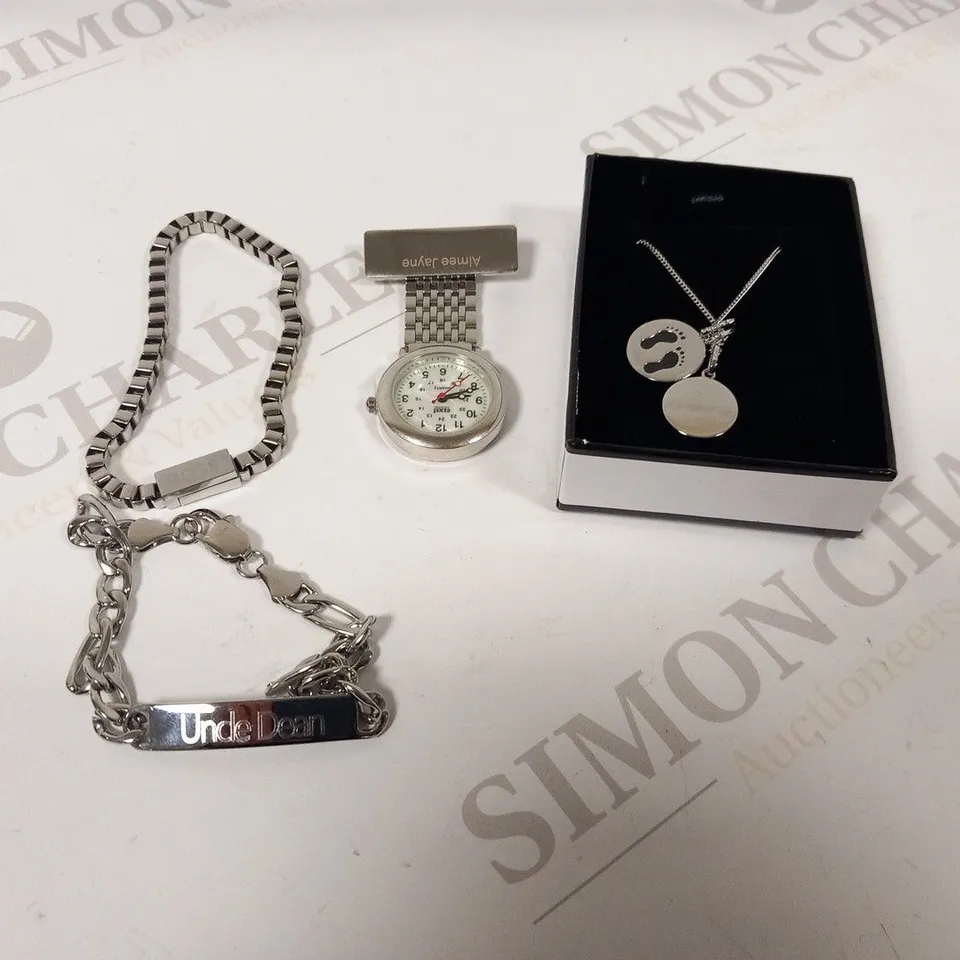 8 PIECES OF ASSORTED JEWELLERY TO INCLUDE; STERLING SILVER, FOB WATCH AND BRACELETS