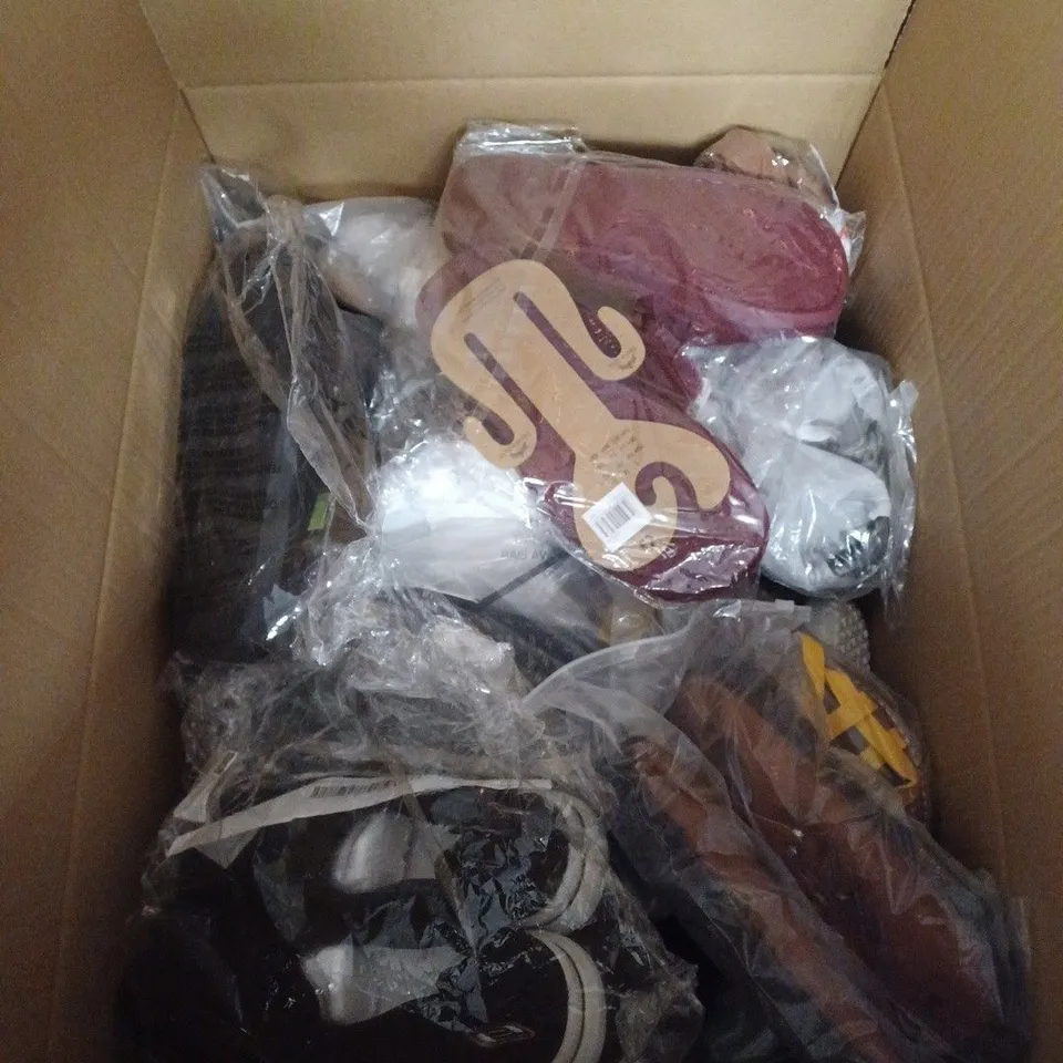 LARGE BOX OF APPROX 10 ASSORTED SHOES IN VARIOUS COLOURS, STYLES AND SIZES - COLLECTION ONLY 