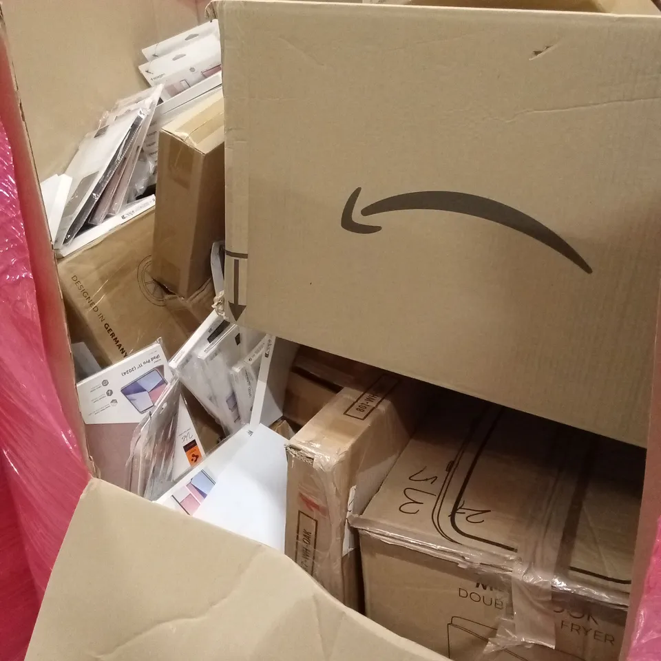 PALLET OF ASSORTED HOUSEHOLD GOODS & PRODUCTS TO INCLUDE; AIR FRYER, BABY STROLLER, TOILET SEAT, WATER TABLE, IPAD CASES ETC