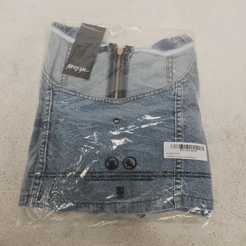BAGGED NASTY GIRL PUFF SLEEVE DENIM CROP TOP IN MID BLUE - MEDIUM