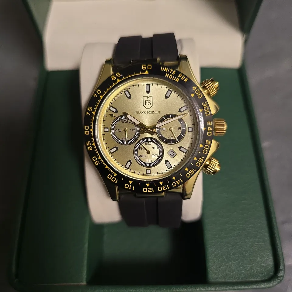 FRANK SCHMIDT GOLD DIAL GENT WATCH WITH BLACK RUBBER STRAP