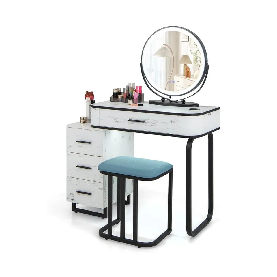 BOXED COSTWAY VANITY TABLE AND STOOL SET WITH 3-COLOR TOUCH SCREEN LIGHTED SWIVEL MIRROR - WHITE