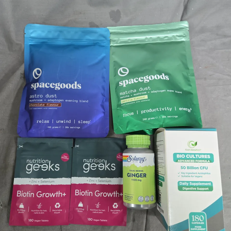 LOT OF 5 ASSORTED FOOD SUPPLEMENTS TO INCLUDE SPACEGOODS MATCHA DUST, BIO CULTURES AND BIOTIN GROWTH+