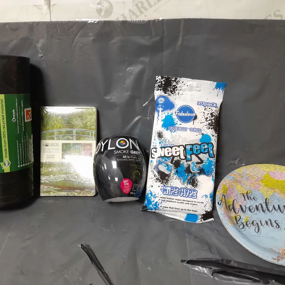 BOX OF APPROXIMATELY 14 ASSORTED ITEMS TO INCLUDE - SWEET FEET WIPE HYPE , 10 HEAVY DUTY REFUSE SACKS , DYLON SMOKE GREY ALL IN 1 FABRIC ETC