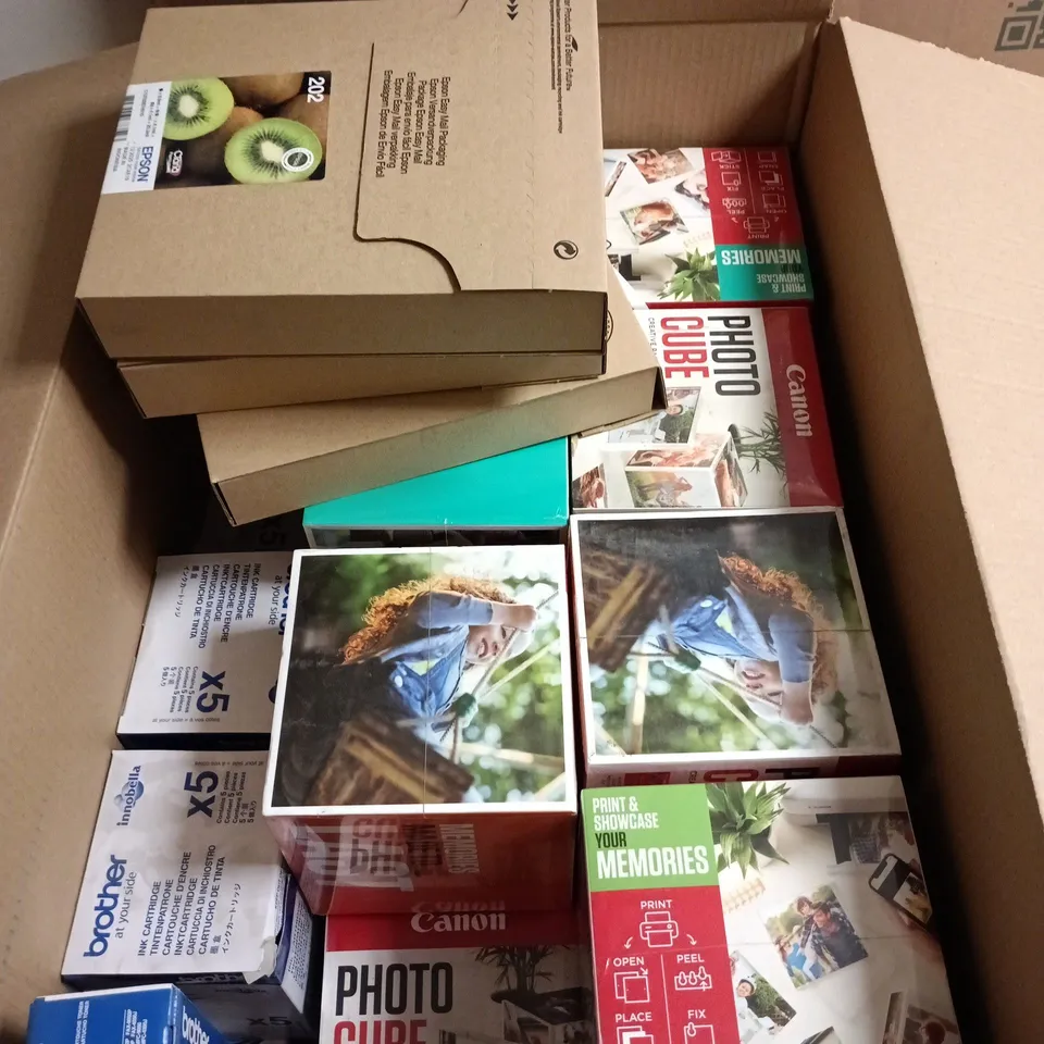 LARGE QUANTITY OF ASSORTED ITEMS TO INCLUDE CANON PHOTO CUBE CREATIVE PACK, BROTHER INK CARTRIDGE, EPSON 202 KIWI GENUINE INK CARTRIDGE MULTIPACK. - COLLECTION ONLY 