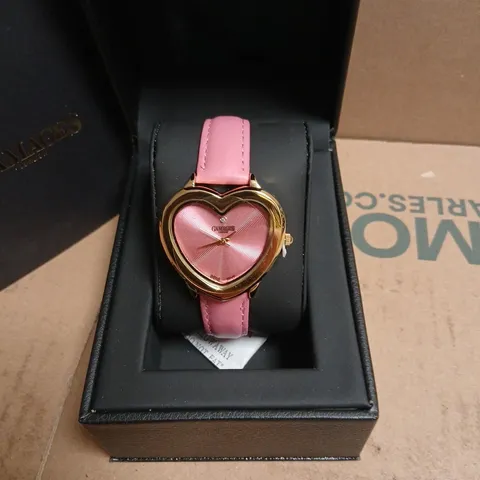 GAMAGES LONDON LADIES' HEART-SHAPED GOLD-TONE WRISTWATCH WITH PINK LEATHER STRAP – BOXED