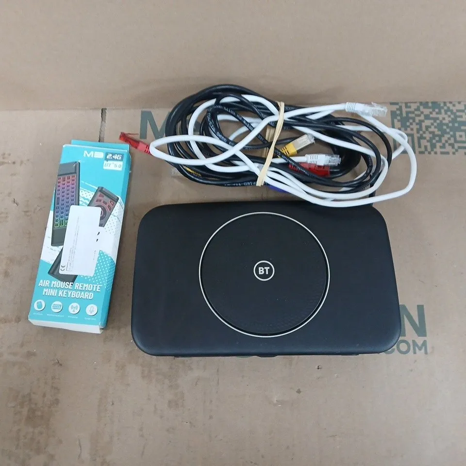 APPROXIMATELY 15 ASSORTED HOUSEHOLD PRODUCTS TO INCLUDE BT WIFI ROUTER, ETHERNET CABLES, AIR MOUSE REMOTE MINI KEYBOARD ETC 