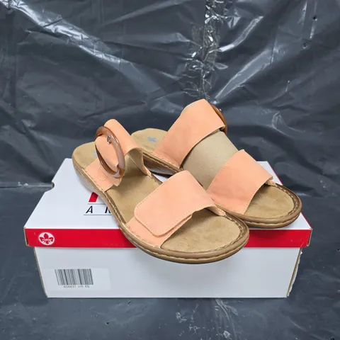 BOXED PAIR OF RIEKER DOUBLE STRAP SANDALS - ORANGE - SIZE 6