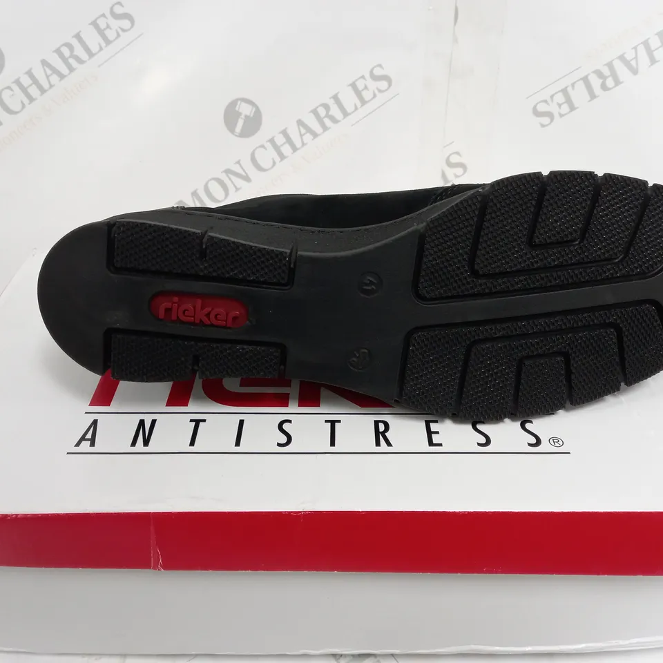 BOXED PAIR RIEKER WEDGE TRAINER IN BLACK, UK SIZE 7.5