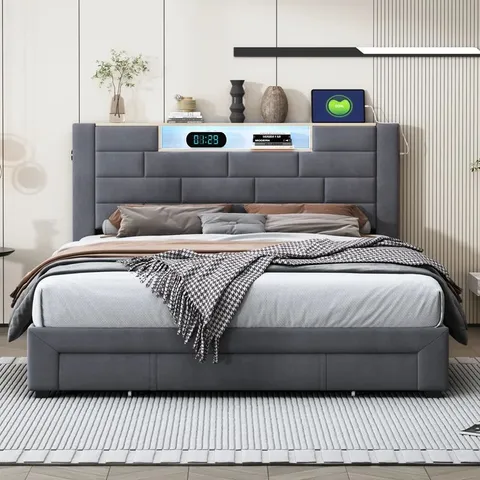 BOXED DARRELLE VELVET OTTOMAN STORAGE BED WITH LED HEADBOARD SHELF & USB CHARGING PORTS - SIZE UNSPECIFIED