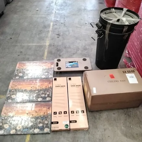 PALLET OF ASSORTED ITEMS TO INCLUDE: KEPLIN 5 TIER SHOE RACKS, CEILING FAN, PLATFORM DOLLYS, BINS, CANVAS ART ECT
