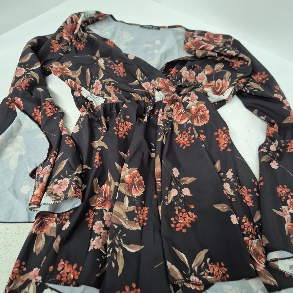 BOOHOO WOMEN'S FLORAL WRAP DRESS – UK 16 (EU 44 / US 12) – BLACK WITH PINK/RED FLOWERS